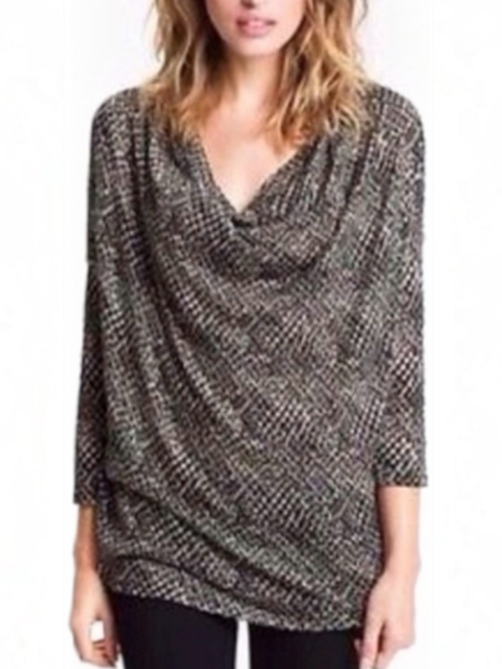 Soft Joie Black and White Draped Cowl-Neck Tunic